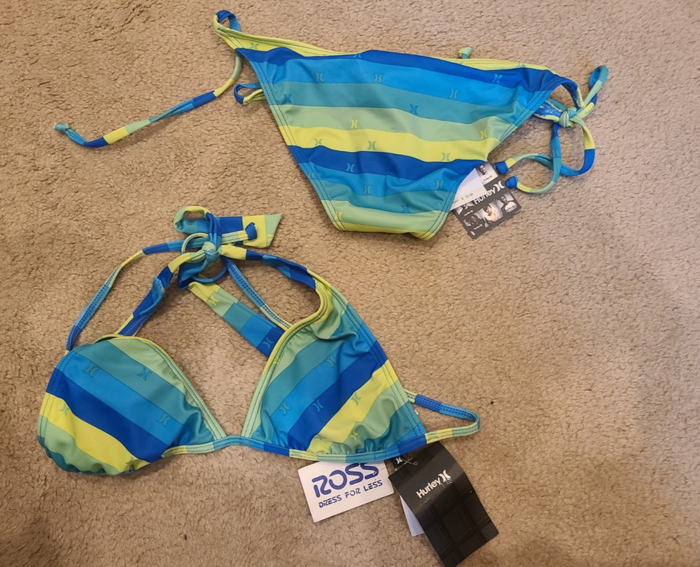 New With Tags Hurley Two Piece Swim Suit Bikini Top Bottom M/S Blue Green
