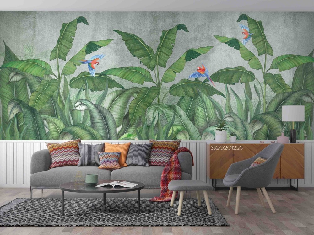 3D Plants Leaves Parrots Illustration Wall Murals Wallpaper Murals Wall Sticker