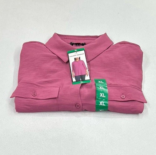 Hilary Radley Women’s Long Sleeve Button Up Roll Tab, Dark Pink, Size XL
