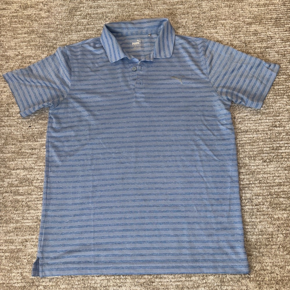 Puma Polo Shirt Mens Medium Performance Golf Logo Blue Striped Short Sleeve