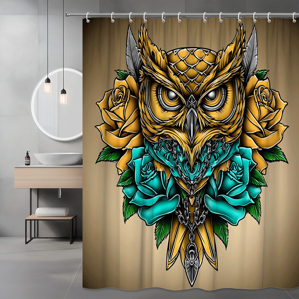 Owl Floral Shower Curtain Gold Teal Graphic