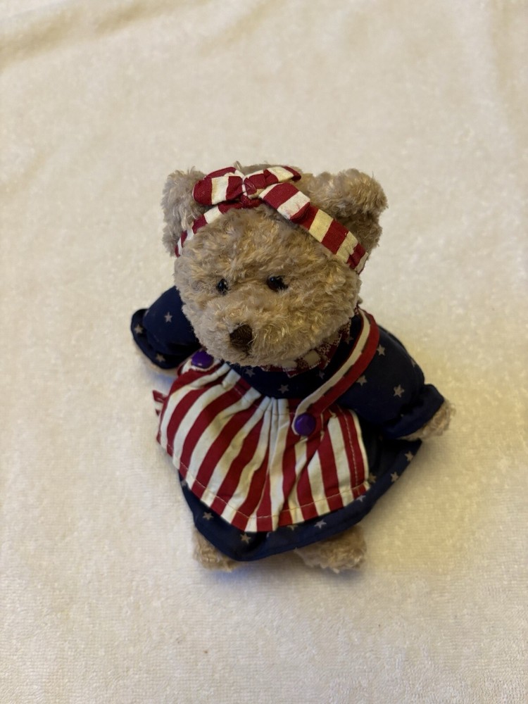 Patriotic USA Teddy Bear Starbrite Russ Berrie Plush Blue Star Dress Red Apron