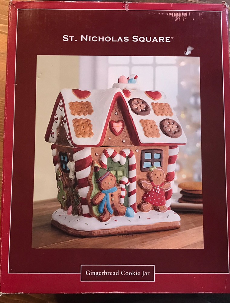 St Nicholas Square Gingerbread House Christmas Ceramic Cookie Jar Holiday Decor