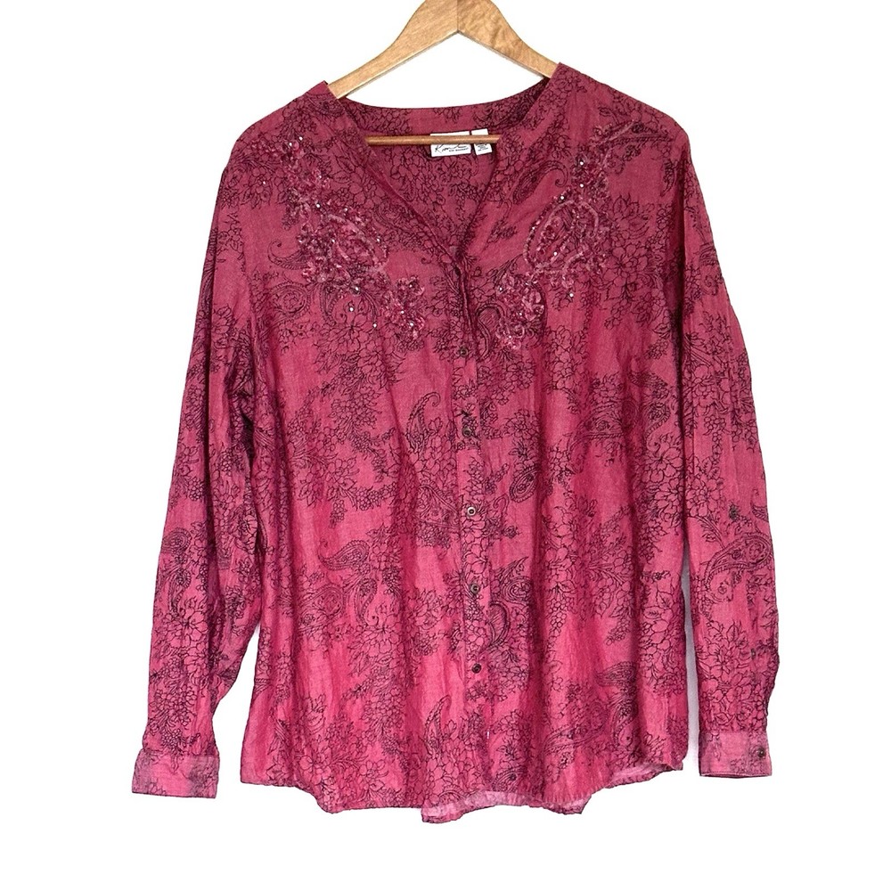 Kim Rogers Plus Shirt Women’s 2X Floral Cotton Boho Long Sleeve Lightweight Top