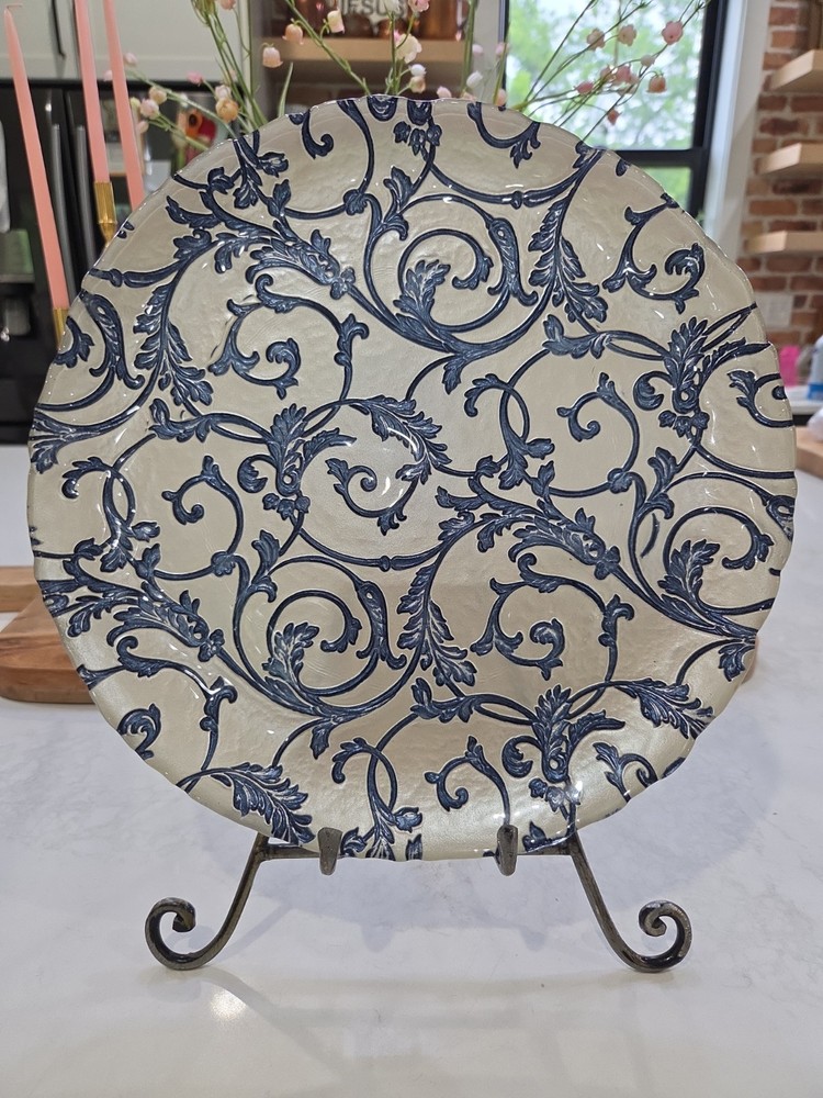 Beautiful Turkish Glass Serving Plate Silver w/ Blue Floral Print Handcrafted