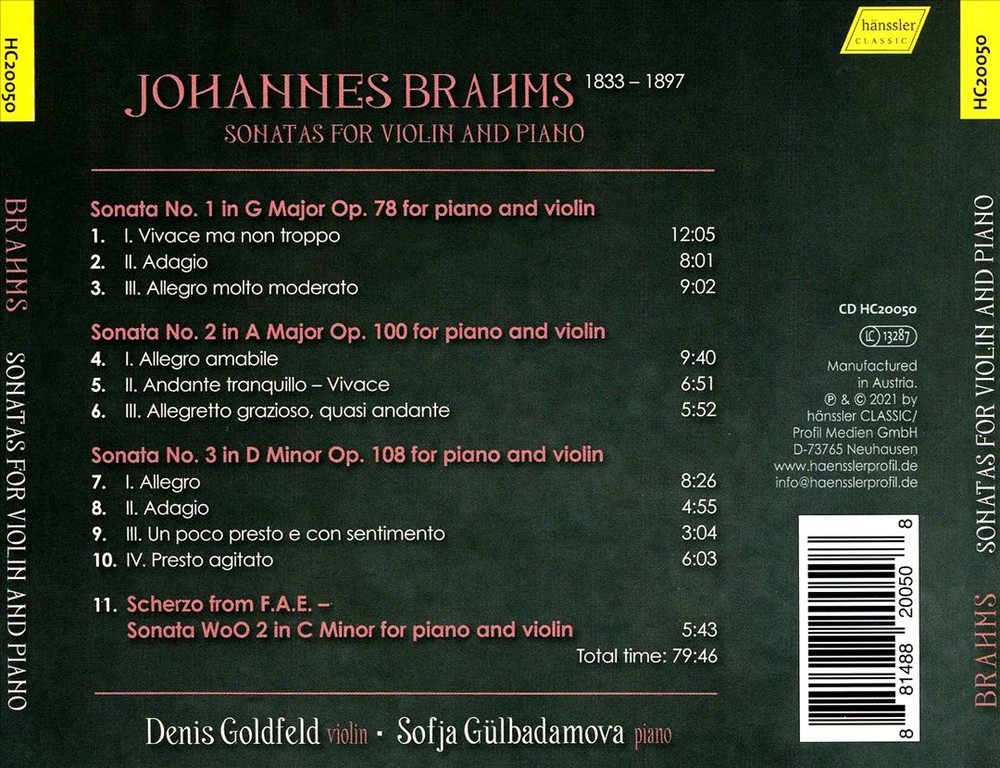 Denis Goldfeld / Sofja Gülbadamova Johannes Brahms: Sonatas For Violin And Piano
