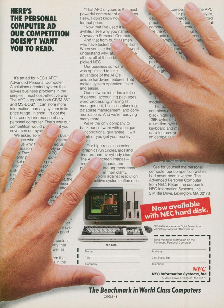 1983 NEC Benchmark Computers Competition Doesn't Want You To Read Ad PEC1