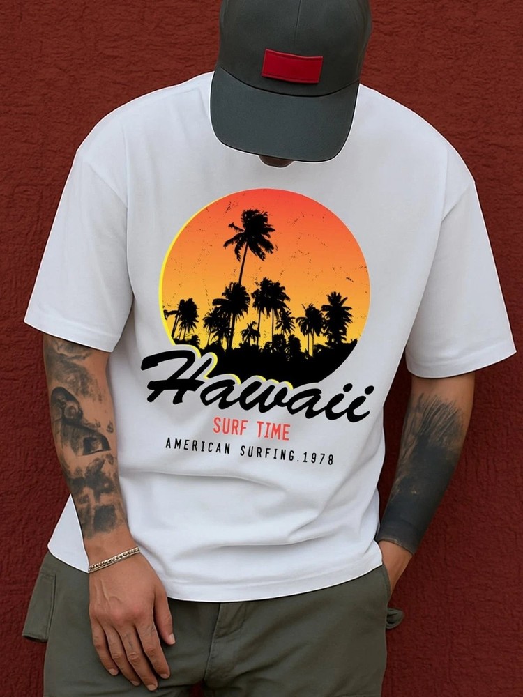 Vintage Hawaiian Surf Palm Tree Surfboard Graphic Tee Mens Cotton T-Shirt
