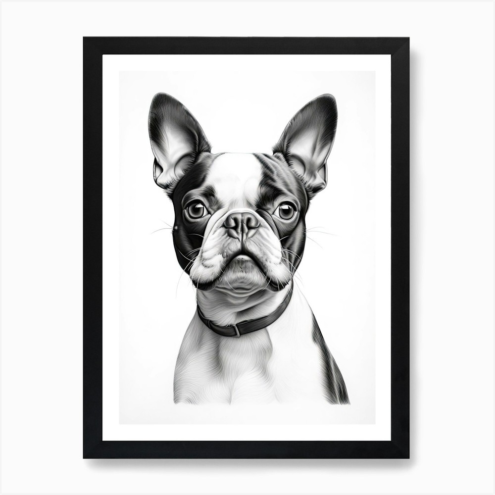 Boston Terrier Line Drawing Framed Wall Art Canvas Print