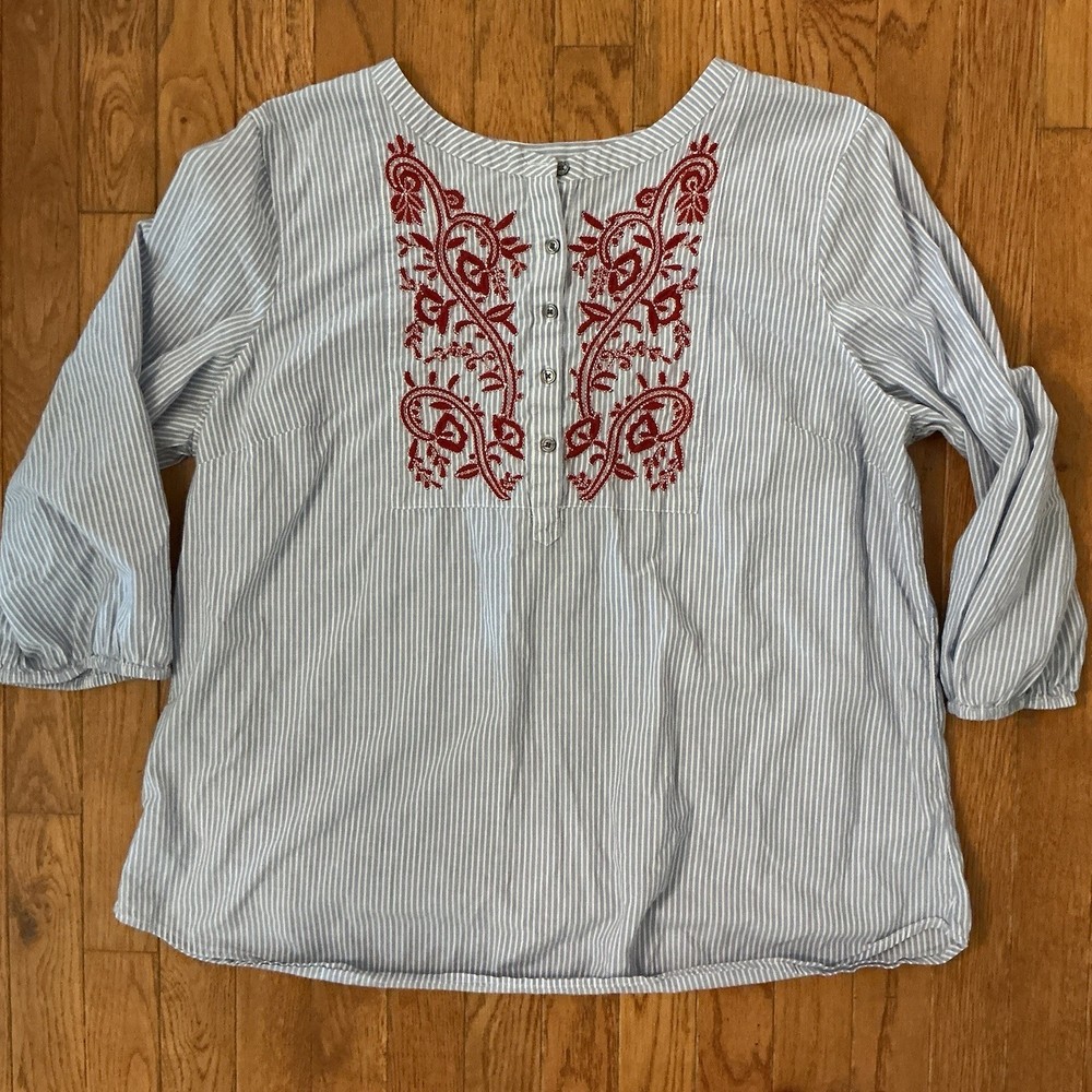 Talbots Womens Small Blue White Striped Floral Embroidered Cotton Blouse Top XL
