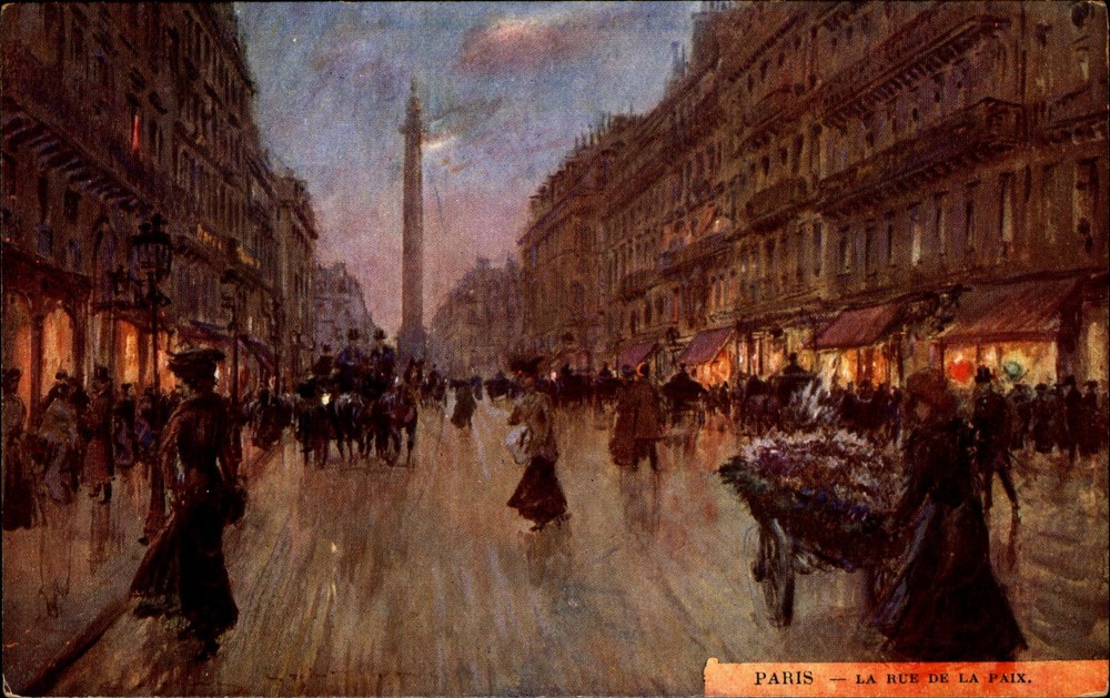 Paris France artist signed Georges Stein c1910 La Rue de La Paix ~ night fashion
