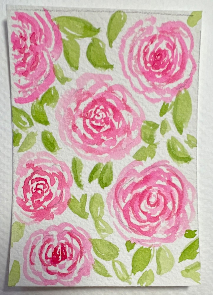 ACEO original watercolor pink roses floral painting unframed miniature art