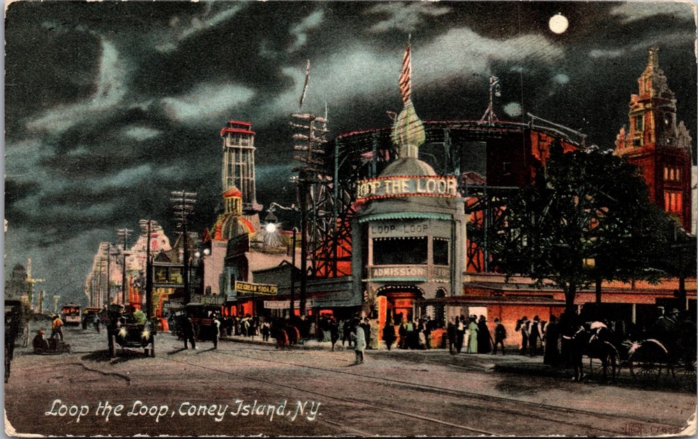 Loop the Loop Coney Island New York Night Scene Amusement Antique Postcard