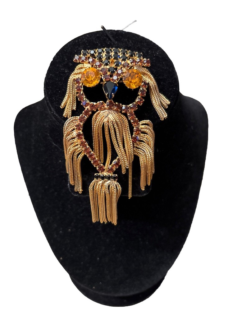 Rare Dominique Twisted Chain Outline Rhinestone Owl Pendant  Brooch Blk/Brown