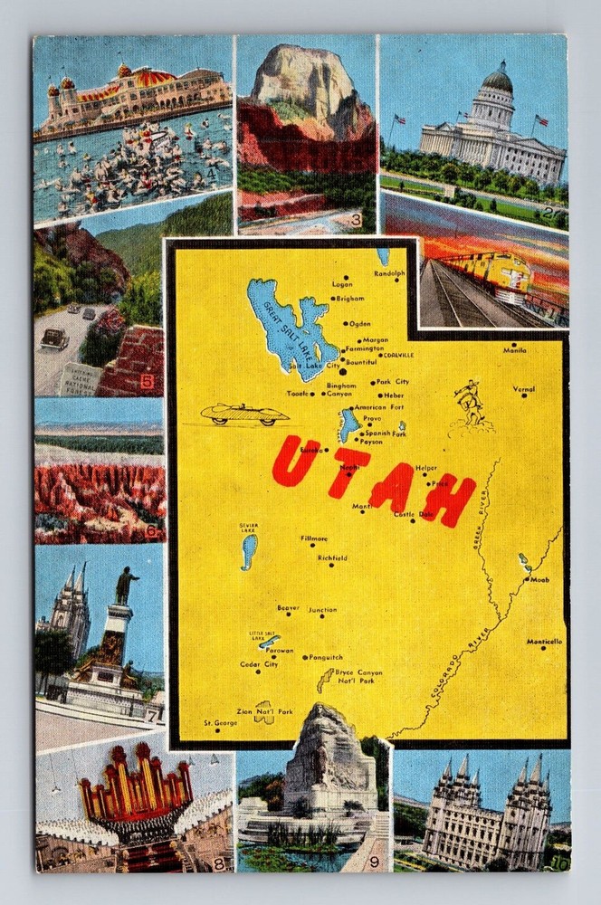 UT-Utah, General Greeting, State Map, Landmarks, Vintage Souvenir Postcard
