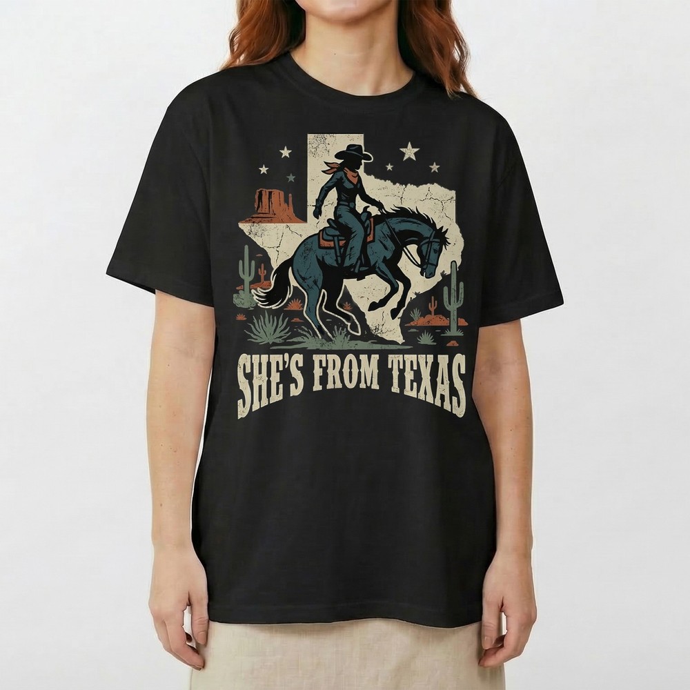 Shes From Texas Cowgirl Horse Riding Western T-Shirt Desert Cactus Rodeo Tee
