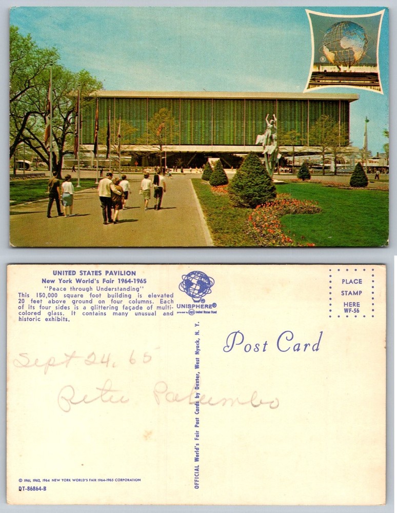 1964-65 NY World's Fair US Pavilion Unisphere Dexter Postcard Posted 1965