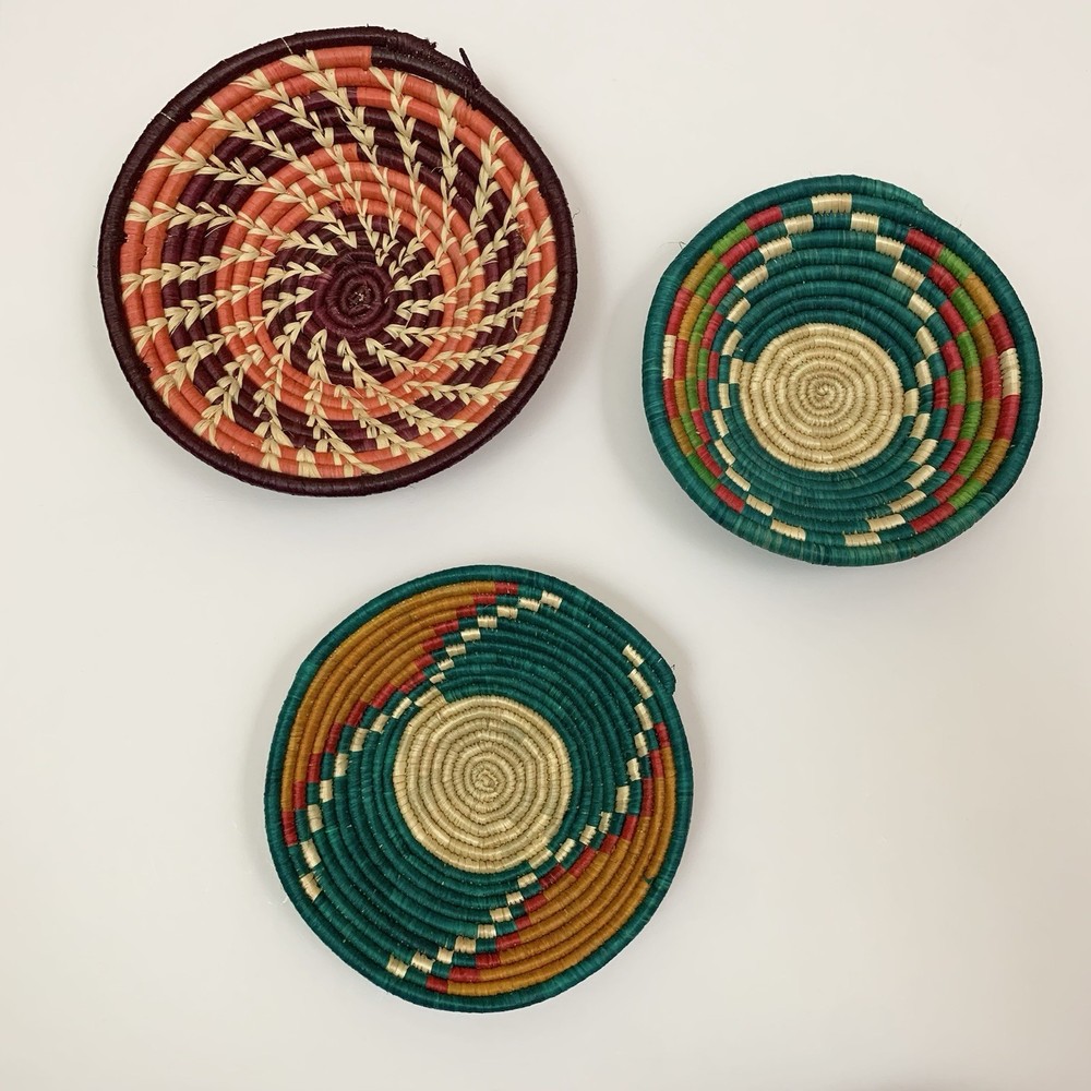 Handmade African Woven Coiled Wall Basket Bowl Set of 3 Boho Decor Rustic Tribal