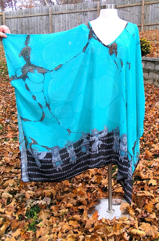 Double D Ranch Semi-sheer Turquoise Poncho Caftan Top L/XL EUC