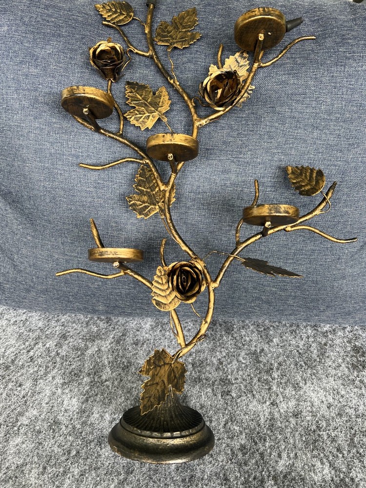 Vintage Gold Gilt Tole Metal Candelabra with Rose and Leaf Design