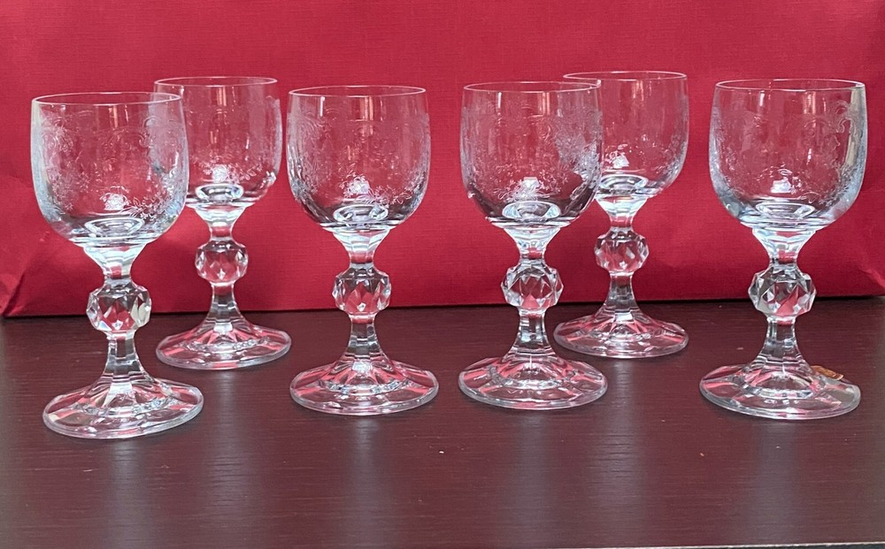 Vintage Bohemia Crystal Czech Etched Cordial Glasses Ball Stem set of 6