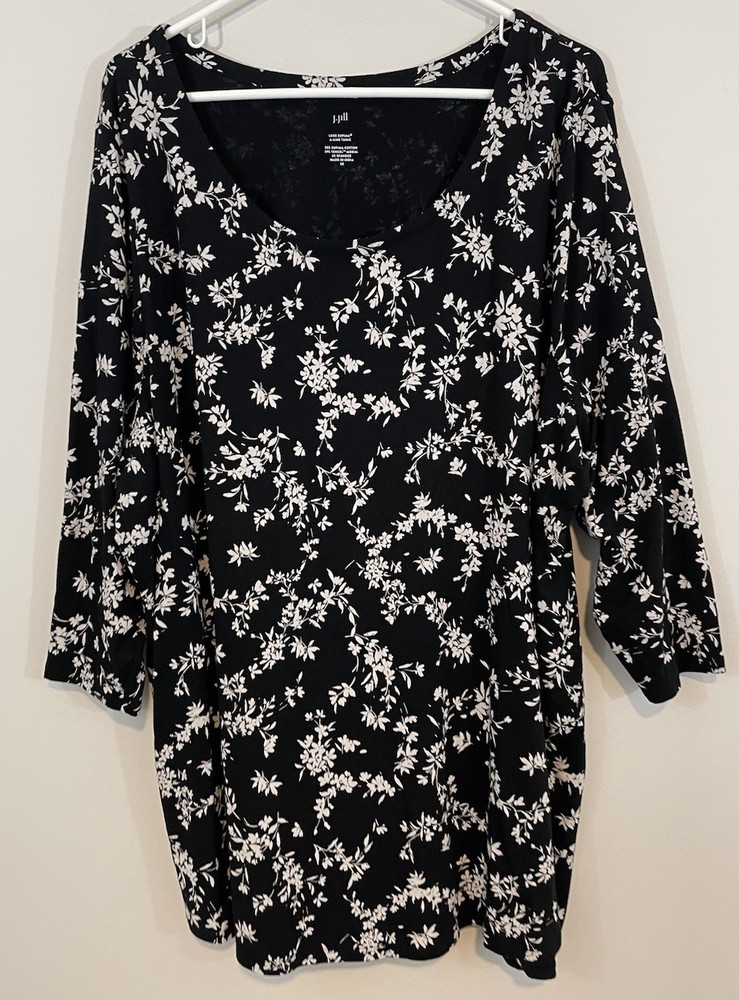 J Jill Luxe Supima A Line Tunic Top womens sz 3X black floral 3/4 Sleeve supima