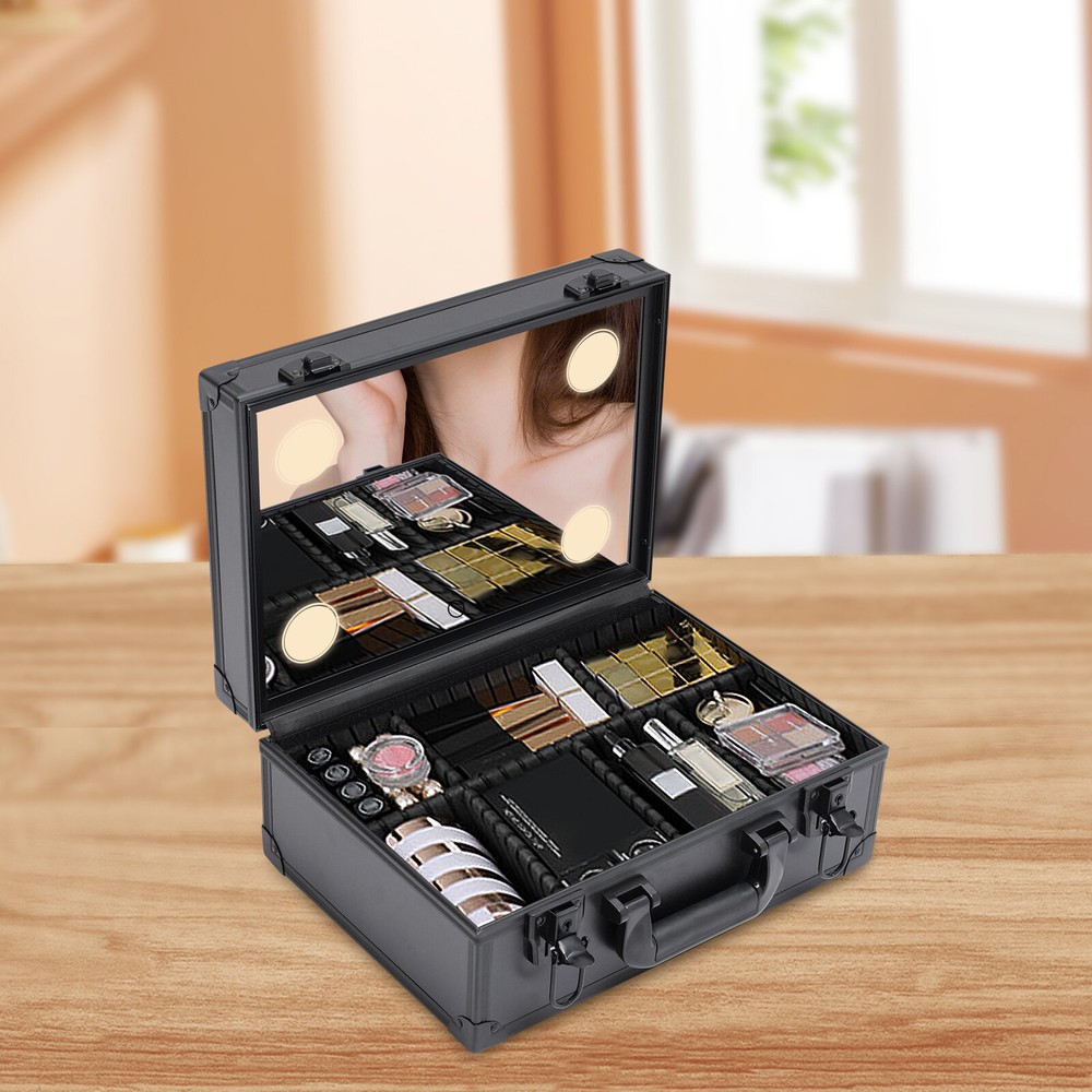 Portable Aluminum Makeup Train Case Salon Cosmetic Trolley Organizer Box w/Light