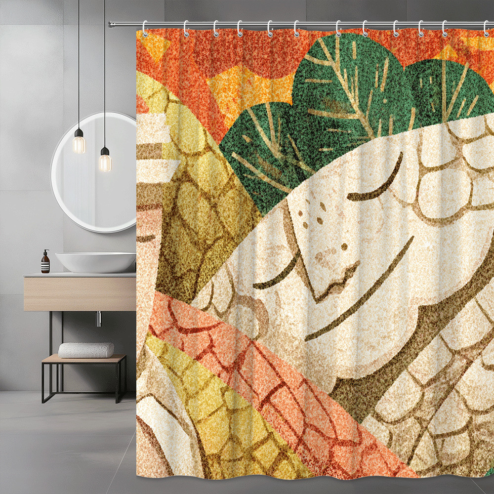Abstract Landscape Shower Curtain, Green Orange Beige Printed Design