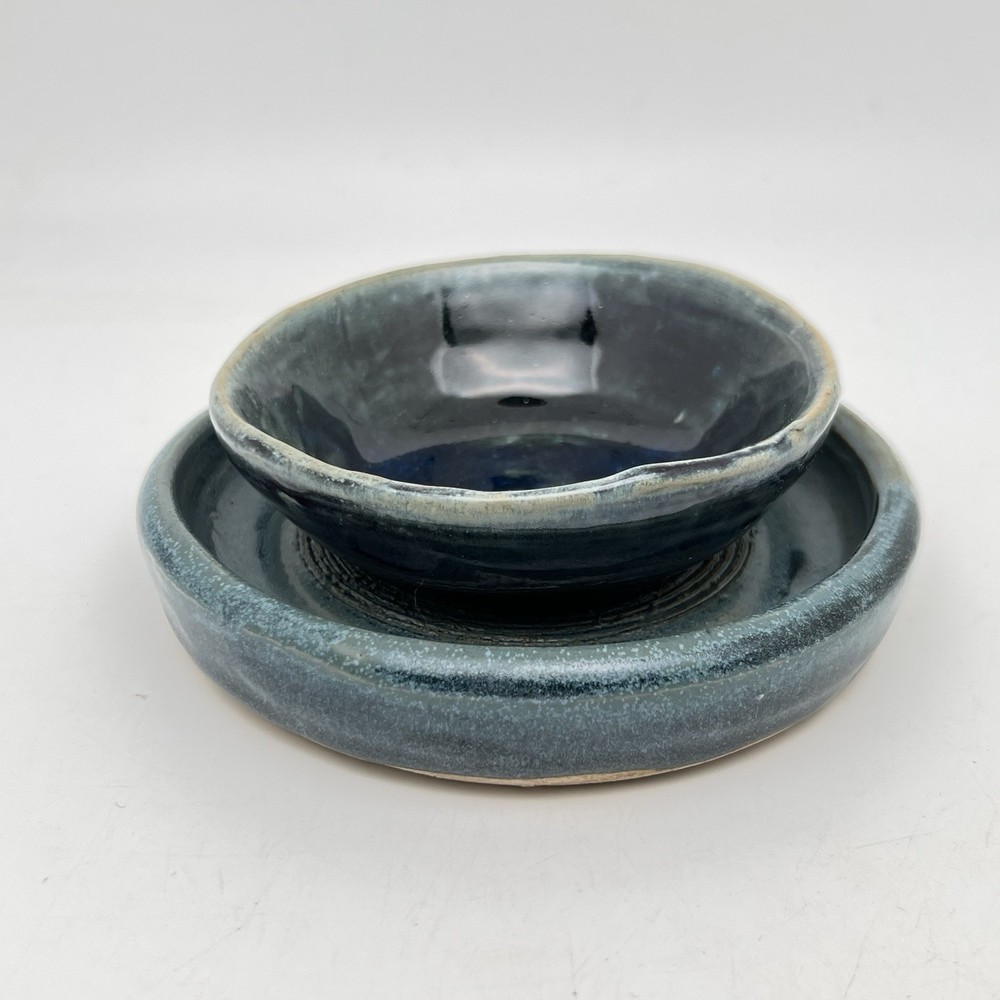 Studio Art Pottery Bowl & Dish By CM Stamped Blue Glazes Ceramic Small
