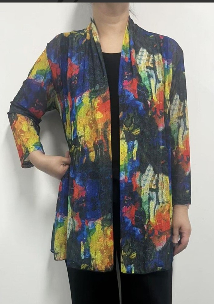 Creation Women's Mesh Artsy Vibrant Abstract Print Open Front Cardigan Size L