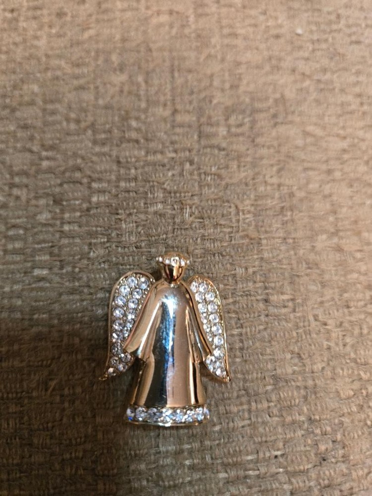 Monet Rhinestone Angel Holiday Christmas Brooch Pin Gold Tone Signed