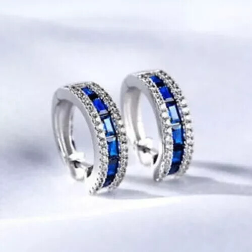 2ct Round Blue Sapphire Hoop Earrings in 14K White Gold Plated  