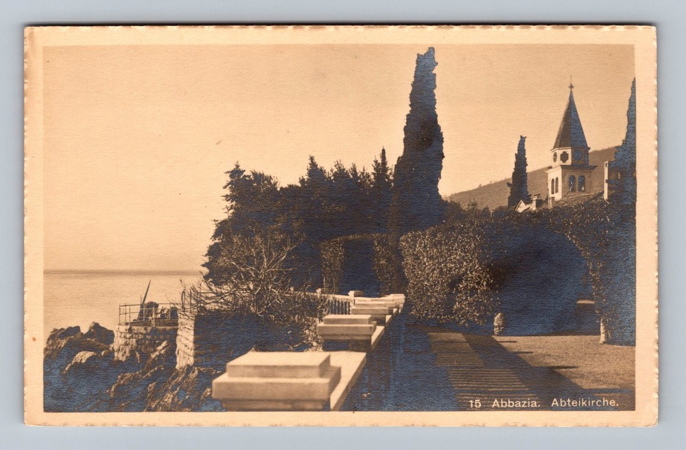 Croatia- Abbazia Kvarner Bay Abbey Church Postal Old Card View Vintage Postcard