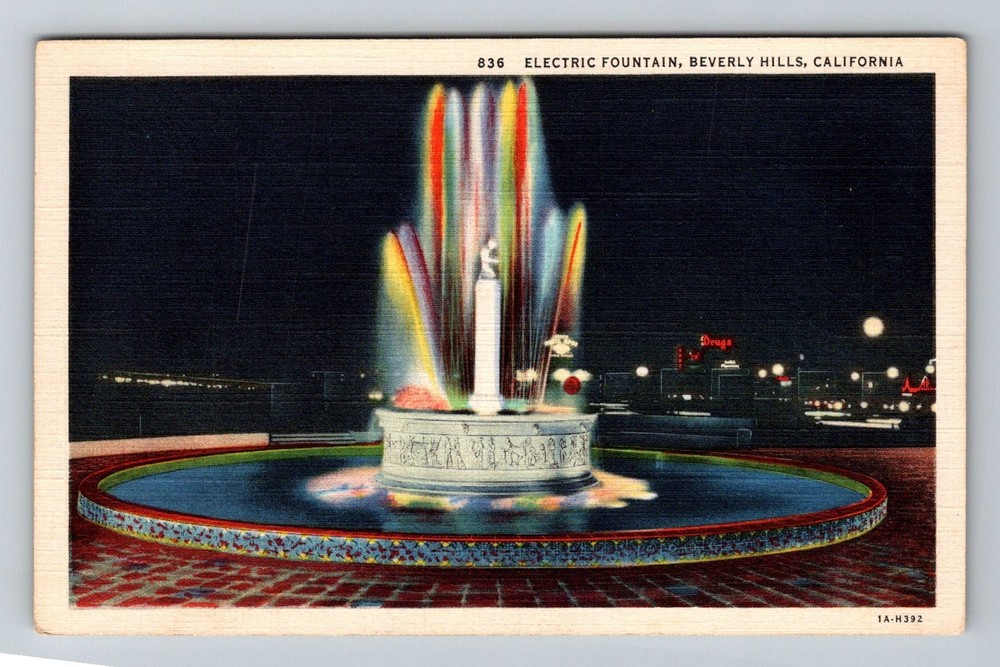 Beverly Hills, CA-California, Electric Fountain Night Display Vintage Postcard