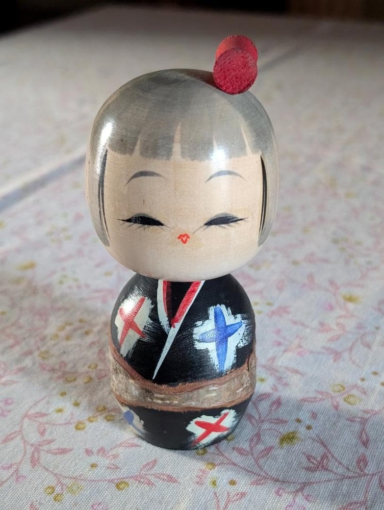 Kokeshi Doll Black Kimono Red Blue Cross Pattern Wooden Handcrafted 10cm