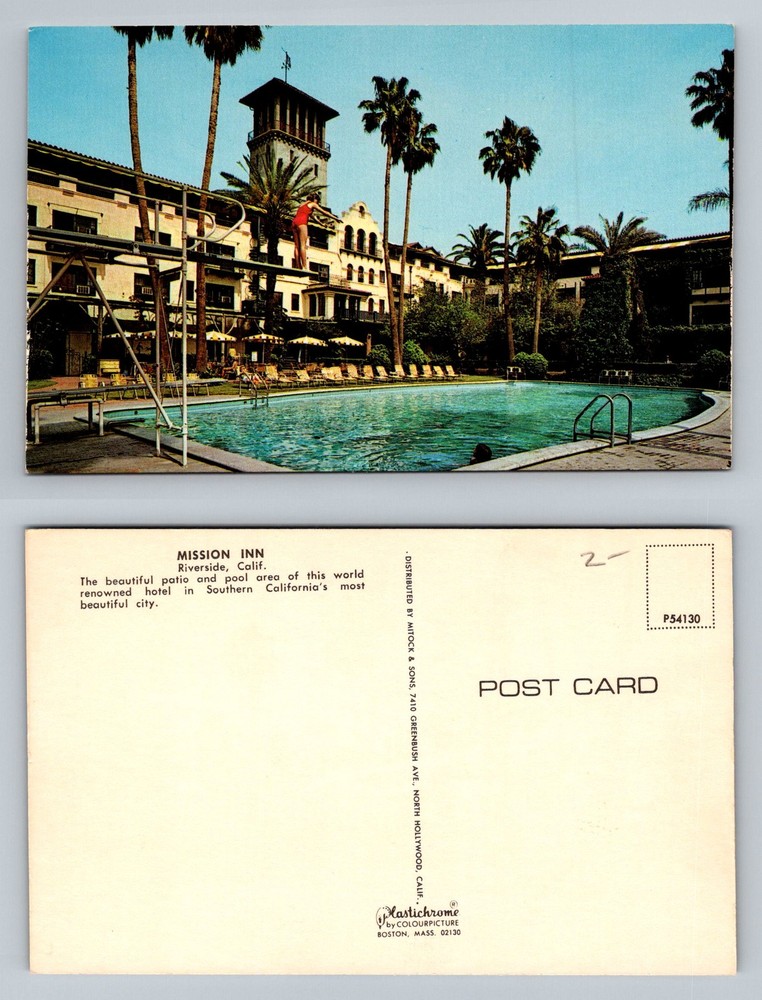 Riverside, CA-California, Mission Inn Pool Patio Palm Trees Vintage Postcard