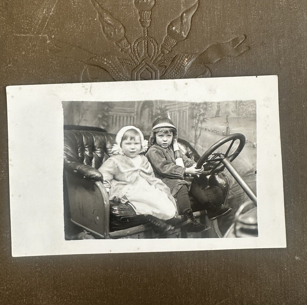 Antique 1910s/20s kids girls children in car RPPC photo postcard