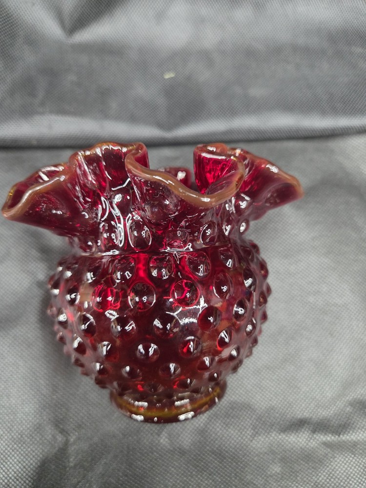 Vintage Fenton Ruby Red Hobnail Double Crimped Ruffled Vase  Art Glass
