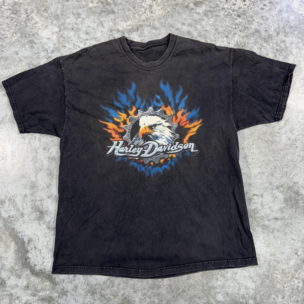 Vintage Harley Davidson Shirt Mens Large Black Eagle Flame Graphic Biker 2000s