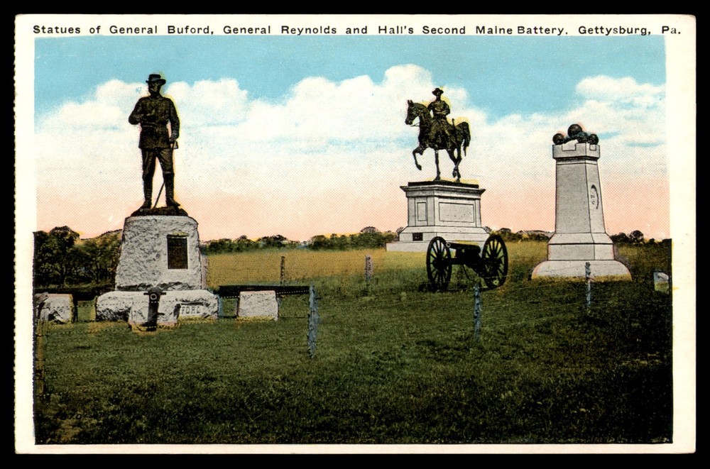 Postcard Statues of Generals Buford, Reynolds, and Hall - Gettysburg, PA