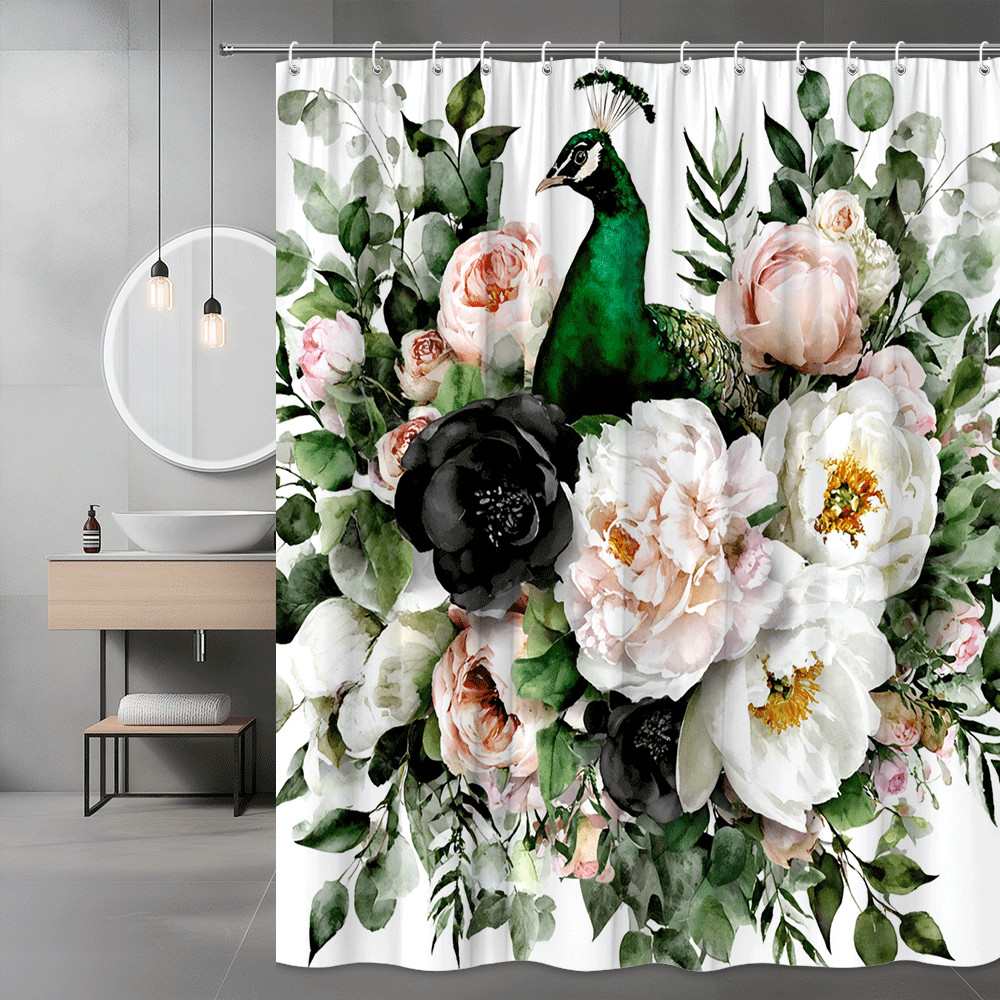 Peacock Floral Shower Curtain Black White Green Pink Watercolor