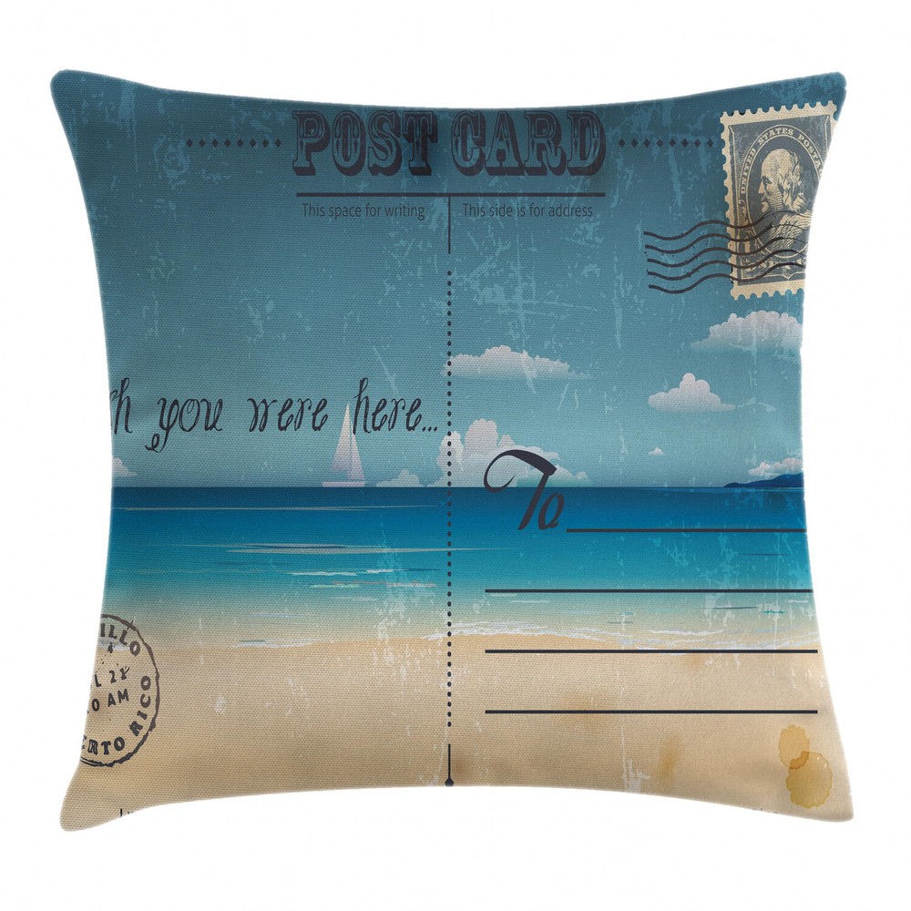 Vintage Summer Postcard Stamp Square Cushion Cover 24 Inches