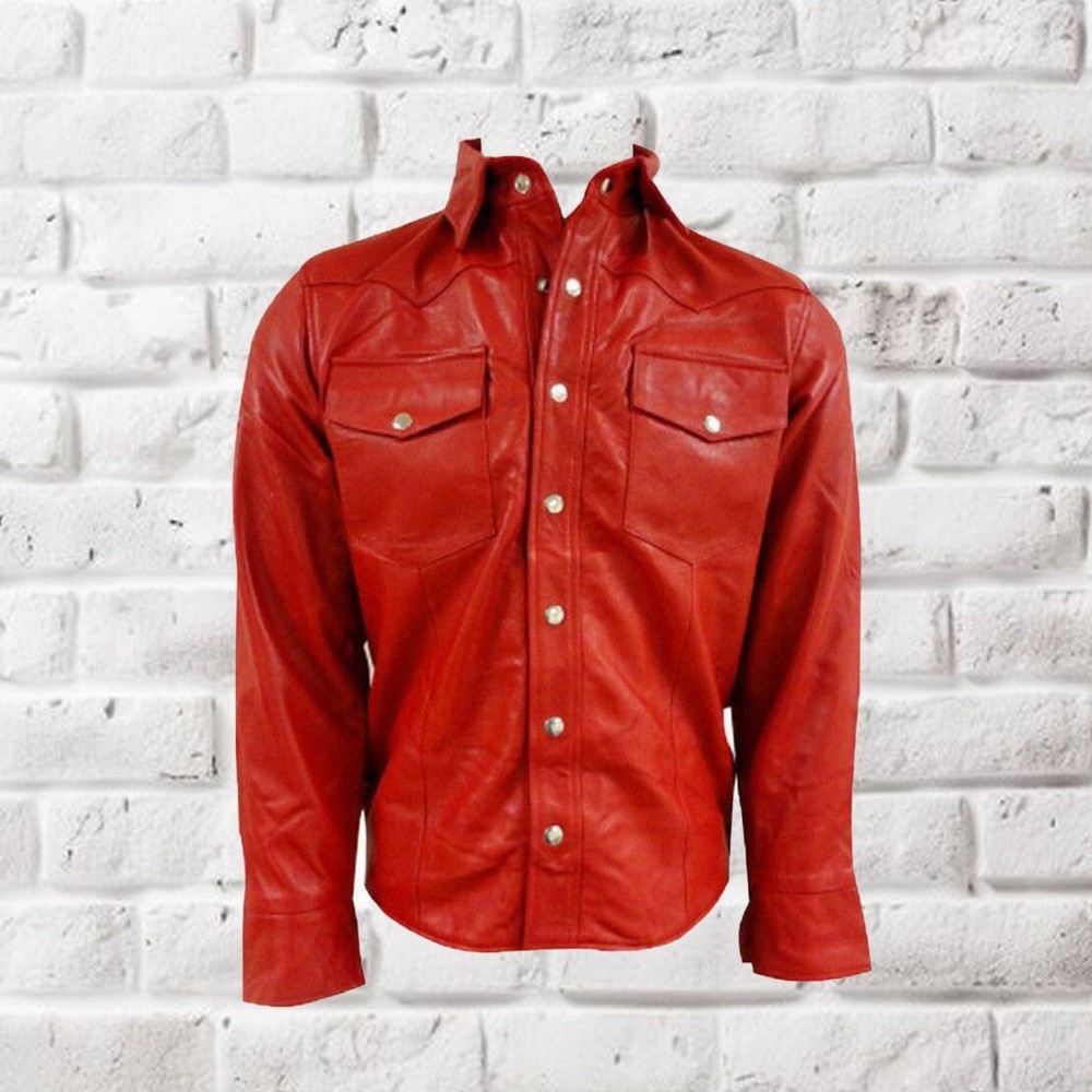 NEW Basic Men Genuine Red Lambskin Real Leather Shirt Handmade Casual Wear Coat