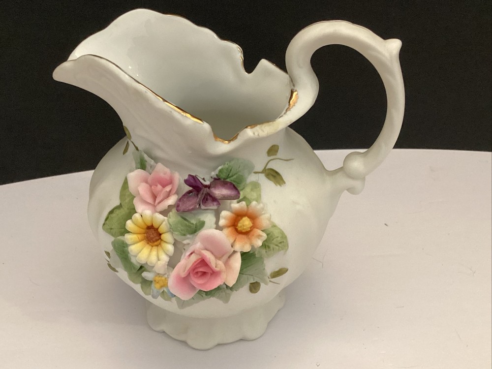 Vintage Lefton China Hand painted Pitcher, Creamer Or Vase Bisque Porcelain
