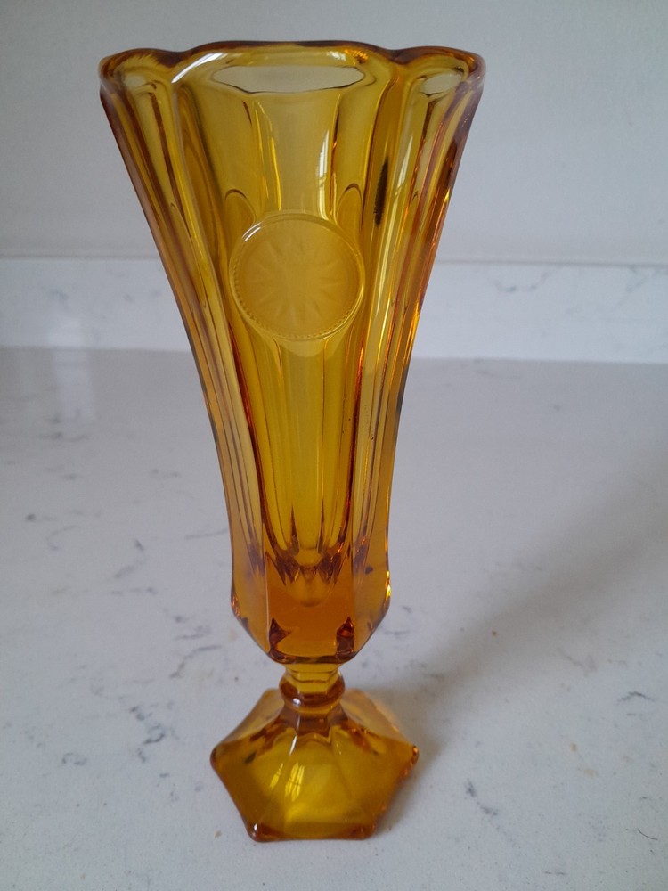 Vintage MCM Fostoria Glass Marigold Amber Bud Vase Coin Pattern 8