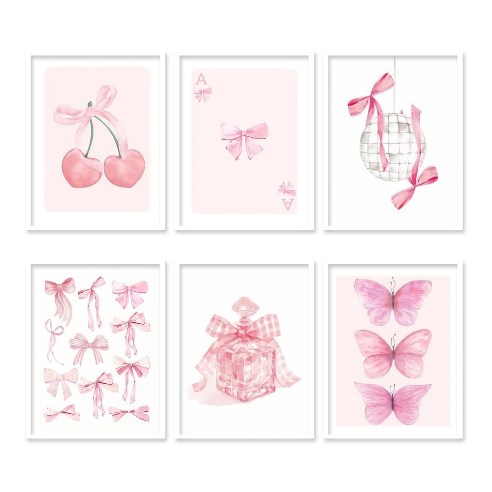 Coquette Trendy Preppy Poster Wall Art Set Of 6 Pink Bow Cherry Disco Butterf...