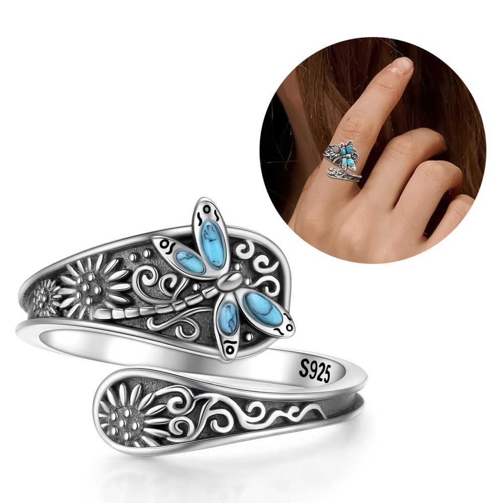 Abalone Dragonfly-Turquoise Spoon Ring Vintage Boho Sunflower Thumb Wrap Rings