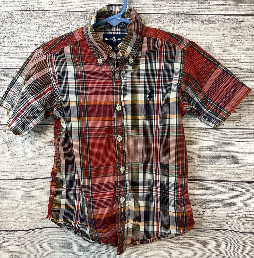 Ralph Lauren Plaid Button Down Logo Short Sleeve Shirt Boys Sz 4T