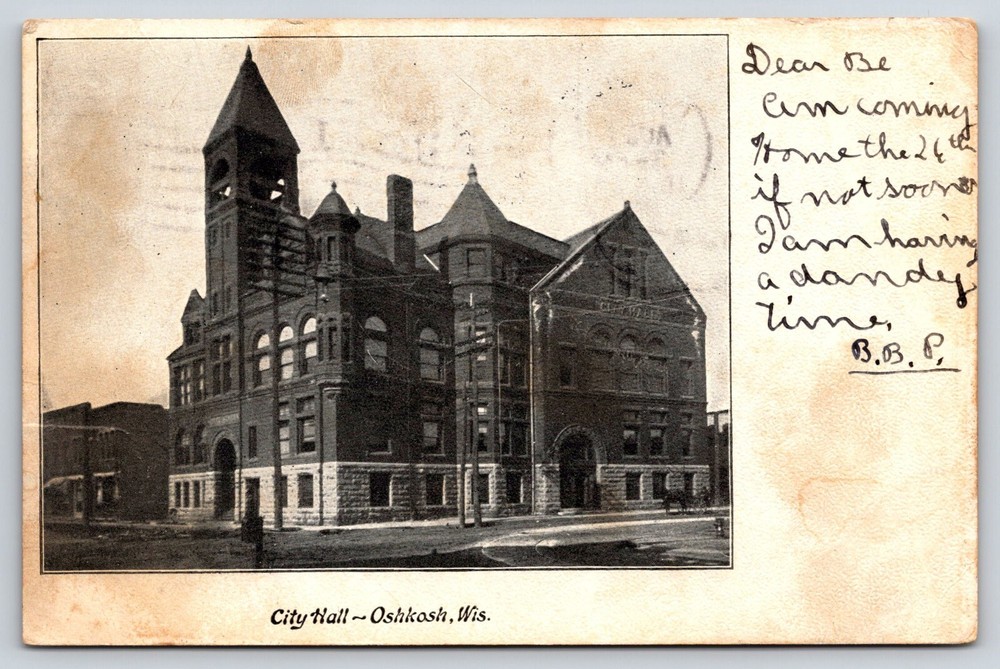 Vintage Postcard Old Antique City Hall Building Road Oshkosh Wisconsin Usa 1907