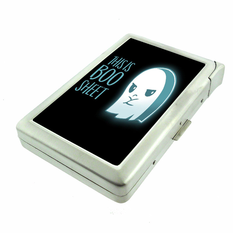 Boo Ghost Pun Em1 100's Size Cigarette Case with Built in Lighter Metal Wallet